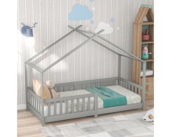 Huisbedden voor kinderen - groot bed met dak en hek - houten bedframe voor kinderen tieners meisjes en jongens - eenvoudige montage Volledig bed op de grond grijs 90x200cm