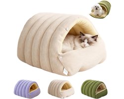 Huisdier slaapzak – beige kattenbed en hondenbed met pluche voering en corduroy buitenzijde – opvouwbaar, afneembaar en wasbaar kussen – 70 x 40 x 28 cm