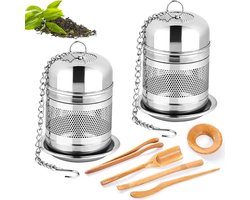 "Huishoudelijke Thee-accessoires Set - Theefilters voor losse thee, Thee-ei Roestvrij Staal, Theekugel met Onderzetter, Ketting en Bamboe - 2 Stuks"