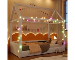 Huisjesbed 90x200 - Gestoffeerd Dagbed met LED-Verlichting en Linnen Bekleding - Beige - Speels Design met Stevig Houten Frame