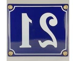 Huisnummer Emaille - Nummerbord Woonhuis - Huis Identificatie - Handgemaakt Weerbestendig - Nr 21 - Blauw Wit