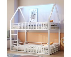 Huisstapelbed 140 X 200 cm, Met Veiligheidshek, Led-Lichtstrip, Stabiel Metalen Frame, Ruimtebesparend, Modern Design, Voor Kinderen En Tieners, Slaapkamer Stapelbed, Zonder Matras, Wit