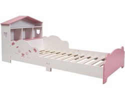 Huisvorm Kinderbed Wit-Roze met Boekenplank – Peuterbed met Uitvalscherm & Bodem, Schattig Dierenmotief 160,5x75x65 cm (Zonder Matras)