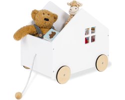 Huisvormige houten speelgoedkist met trekkoord en rubberen houten wielen, vanaf 3 jaar, Wit