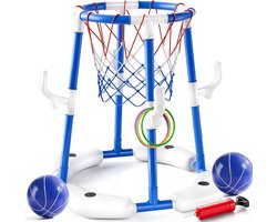 Huntex Basketbal & Ringenspel – 2-in-1 Speelset voor Kinderen & Volwassenen – Binnen & Buiten – Inclusief 2 Ballen, 12 Ringen en Pomp – Blauw