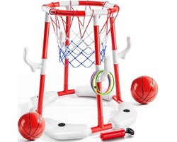 Huntex Basketbal & Ringenspel – 2-in-1 Speelset voor Kinderen & Volwassenen – Binnen & Buiten – Inclusief 2 Ballen, 12 Ringen en Pomp – Rood