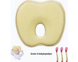 Huntex Orthopedisch Baby hoofdkussen - Tegen Plat Achterhoofd - Geel - Fluweel Zacht - Traagschuim - Incl Gratis Babylepeltjes - Kraamcadeau Jongen / Meisje - Baby Kussen Plat Hoofd - Babynestje - Kraampakket - Slaapondersteuning