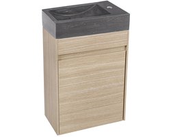 Hura L Set Toiletmeubel met Fontein - Wastafel van Limestone - Onderkast in Eiken - Geschikt voor 1 Kraangat - 2 Jaar Fabrieksgarantie - Sanitair Meubel voor Toilet
