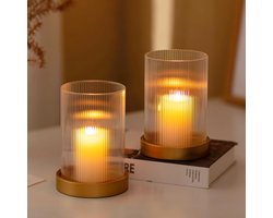 Hurricane Glazen Kaarshouder - Gouden Set Van 2 Metalen Pilaar Kaarshouders Met Glazen Cilinder Orkaan Voor Woonkamer Tafel - Home Decor Accessoires