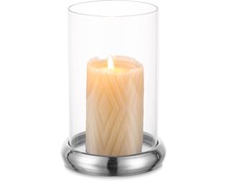 Hurricane Kaarsenhouder van Duidelijk Glas - Decoratieve Zuil Kaarsenhouder met Metalen Lade voor Haard, Eettafel en Feestelijke Gelegenheden zoals Kerst en Bruiloften, Zilver