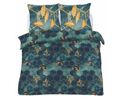 Husch Dekbedovertek Golden Leaves - 240x200/220 - Petrol/Goud