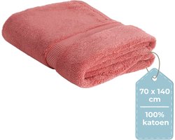 HUSH Living Badhanddoek - per stuk - 70×140 cm - 100% katoen - zware kwaliteit 500g/m2 - stijlvol boord en ophanglus - koraal