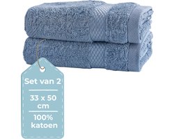 HUSH Living Gastendoek - Handdoek - Set van 2 - 33×50 cm - 100% Katoen - Zware Kwaliteit 500g/m2 - Stijlvol Boord en Ophanglus - Blauw/Grijs