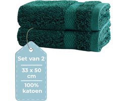 HUSH Living Gastendoek - Handdoek - Set van 2 - 33×50 cm - 100% Katoen - Zware Kwaliteit 500g/m2 - Stijlvol Boord en Ophanglus - Donkergroen