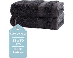 HUSH Living Gastendoek - set van 2 - 33×50 cm - 100% katoen - zware kwaliteit 500g/m2 - stijlvol boord en ophanglus - antraciet