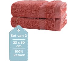 HUSH Living Gastendoek - set van 2 - 33×50 cm - 100% katoen - zware kwaliteit 500g/m2 - stijlvol boord en ophanglus - koraal