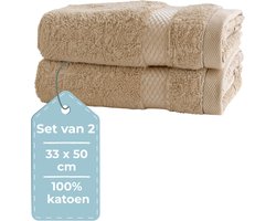 HUSH Living - Gastendoek - Set van 2 - 33×50 cm - 100% Katoen - Zware kwaliteit 500g/m2 - Stijlvol Boord en Ophanglus - Zand