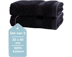HUSH Living - Gastendoek - Set van 2 - 33×50 cm - 100% Katoen - Zware kwaliteit 500g/m2 - Stijlvol Boord en Ophanglus - Zwart