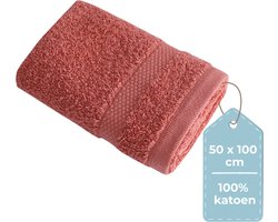 HUSH Living - Handdoek 100% Katoen - per stuk - 50×100 cm - Zware kwaliteit 500g/m2 - Stijlvol Boord en Ophanglus - Koraal