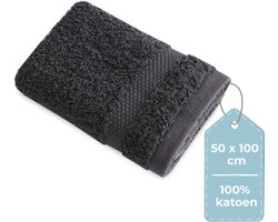 HUSH Living Handdoek - per stuk - 50×100 cm - 100% katoen - zware kwaliteit 500g/m2 - stijlvol boord en ophanglus - antraciet