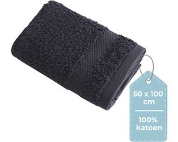 HUSH Living Handdoek - per stuk - 50×100 cm - 100% katoen - zware kwaliteit 500g/m2 - stijlvol boord en ophanglus - zwart