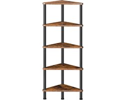 HÜSQ Hoekrek – 5 Lagen Boekenrek – Industrieel Opbergrek – Hout & Metaal – 30x30x115 cm – Wandrek / Corner Shelf
