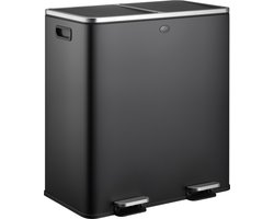 HÜSQ Prullenbak 60 Liter (30+30L) - Grote Pedaalemmer in Metaal met 2 Vakken voor Afvalscheiding - Soft-close Duo Afvalbak voor Kantoor of Keuken - Vuilnisbak in RVS - Prullenbak 60 Liter - mat zwart