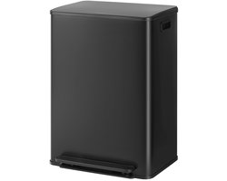 HÜSQ Prullenbak 60 Liter (30+30L) - OneStep - Grote Pedaalemmer in Metaal met 2 Vakken voor Afvalscheiding - Soft-close Duo Afvalbak voor Kantoor of Keuken - Vuilnisbak in RVS met metalen Deksel - mat zwart