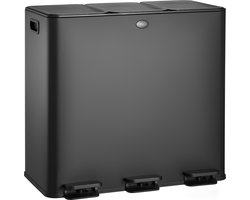 HÜSQ Prullenbak 60 Liter - Zwarte Vuilbak met 3 Vakken - Trio Vuilnisbak 3 X 20 Liter - Bak voor Afvalscheiding - voor Huishouden en Kantoor - Recycle Keuken Afvalemmer - Zwart