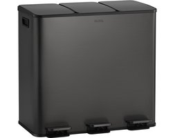 HÜSQ Prullenbak 60 Liter - Zwarte Vuilbak met 3 Vakken - Trio Vuilnisbak 3 X 20 Liter voor Afvalscheiding - metalen Deksels - mat Zwart