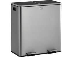 HÜSQ Prullenbak – 60L (2x30L) – Recycle Soft-Close Vuilnisbak in RVS met 2 Vakken – Afvalscheiding Afvalbak – Pedaalemmer in Mat Zilver