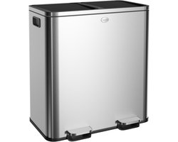HÜSQ Prullenbak van 60 liter (2 x 30), grote Duo Pedaalemmer voor Afvalscheiding, 2 Vakken en Binnenemmers, soft-close Vuilbak, luchtdichte Afvalbak - Vuilnisbak in RVS - Zilver / Brilliant Steel