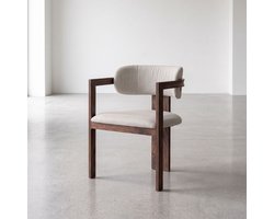 HUUS Eetkamerstoel Japandi met Armleuning - Taupe Stoffering - Walnoot Look - Metalen Onderstel