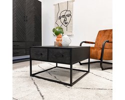 HUUS Salontafel Floor - Vierkant - Visgraat - Zwart - Mangohout - 72x70x45 cm - met 2 lades