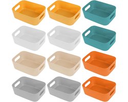 Hwtcjx Set of 12 Storage Boxes, Organiser with Handle, Plastic Storage Boxes for Household, Storage Box Storage Basket for Cupboard, Kitchen, Bathroom, 21 x 14 x 7 cm (Multi-Colour)