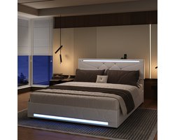 Hydraulisch bed 140×190 cm in beige – linnen stof, LED-verlichting op het hoofd- en voeteneind, USB-poort, grote bedkast – ideaal voor de slaapkamer