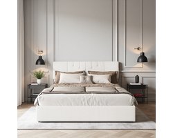 Hydraulisch bed 140×190 cm in crème – teddystof, USB-poorten aan beide zijden, grote bedbox onder het ligvlak – ideaal voor de slaapkamer