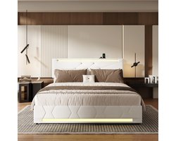 Hydraulisch bed 140×200 cm in beige – linnen stof, LED-verlichting op het hoofd- en voeteinde, USB-poort, grote bedkast – ideaal voor de slaapkamer