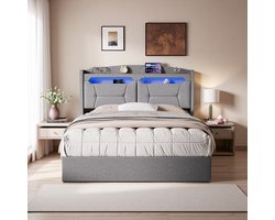 Hydraulisch bed 140×200 cm in lichtgrijs – stoffen bekleding, hoofdbord met LED-verlichting, USB-oplaadfunctie & opbergruimte, grote bedbox onder het ligvlak