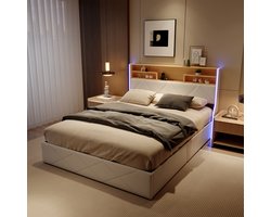 Hydraulisch bed 140×200cm – wit PU leer, hoofdbord met opbergruimte, LED & USB poort, bedkast onder het ligvlak – ideaal voor de slaapkamer