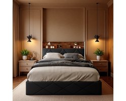 Hydraulisch bed 140×200cm – zwart PU leer, hoofdeinde met opbergruimte, LED & USB poort, bedkast onder het ligvlak – ideaal voor de slaapkamer