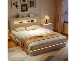 Hydraulisch bed 140x200 cm, LED-verlichting, opbergruimte en hoofdeindeplank, comfortabel om te slapen, slaapkamer, beige fluweel
