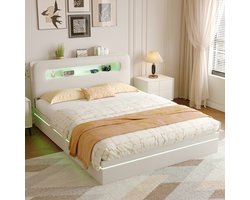 Hydraulisch bed 160x200 cm, LED-verlichting, opbergruimte en hoofdeindeplank, comfortabel om te slapen, slaapkamer, beige fluweel