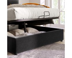 Hydraulisch Bed – Opbergbed – Platformbed – Stalen Bedframe – Verstelbaar Hoofdbord – Fluwelen Bekleding – Zwart Metalen Frame – Vooraf Gemonteerd – Groot Onderbed