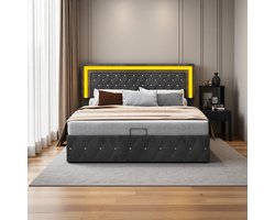 Hydraulisch boxspringbed 160x200 cm, zwart fluwelen bed met knoophoofdbord, LED-verlichting en opbergruimte