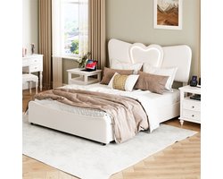 Hydraulisch gestoffeerd bed 140x200cm met USB, tweepersoonsbed met opbergruimte en LED, boxspringbed, houten bed met lattenbodem, fluweel, beige