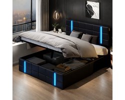 Hydraulisch Opbergbed 140x200 cm – Tweepersoons PU Bed met LED & USB, Gasveer Opbergfunctie, Zwart