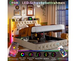 Hydraulisch Opbergbed 140x200cm - ADFBL - Beige Fluweel met Magic LED - Bed met Dynamische RGBIC Verlichting - App Bediening & Muziekmodus - Modern Twijfelaar Bed