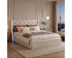 Hydraulisch Opbergbed 160x200 cm - Beige Fluweel met RGB LED en Grote Opbergruimte