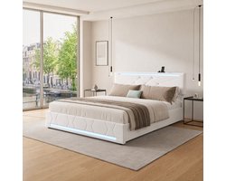 Hydraulisch Opbergbed 160x200 cm - Beige Tweepersoonsbed met Ruime Opbergruimte, LED-Verlichting en USB-Oplaadpoorten, Gestoffeerd Hoofdbord